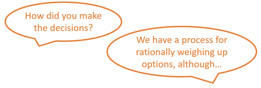 Speech bubbles saying 'how did you make the decisions?' and 'we have a process for rationally weighing up options, although...'