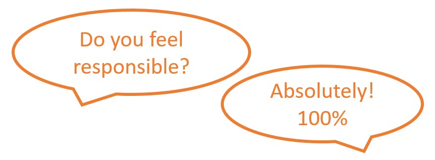 Speech bubbles saying 'do you feel responsible' and 'absolutely! 100%'