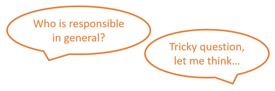 Speech bubbles saying 'who is responsible in general' and 'tricky question, let me think...'