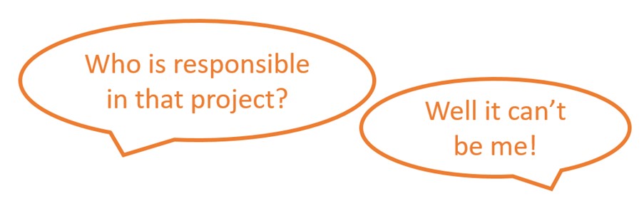 Speech bubbles saying 'who is responsible in that project' and 'well it can't be me'